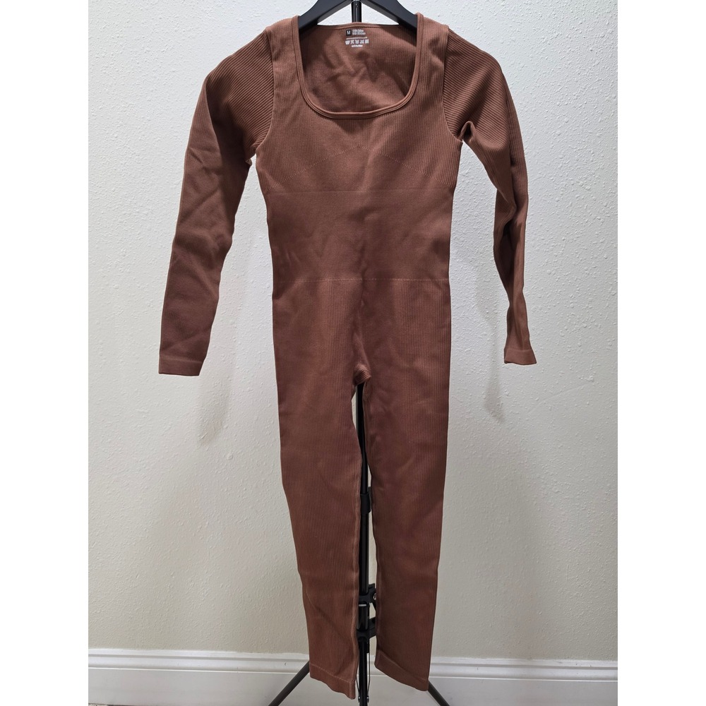 Seamless Ribbed Long Sleeve Jumpsuit Brown Square Neck Bodycon Romper Medium